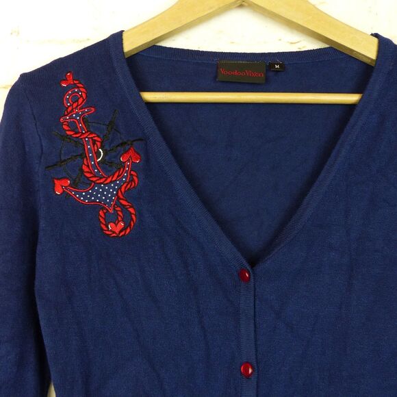 Voodoo Vixen Cardigan Women M Blue Anchor Embroidery Nautical Tattoo Pin Up - Picture 1 of 12